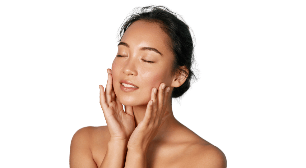 woman touching her pigment free skin
