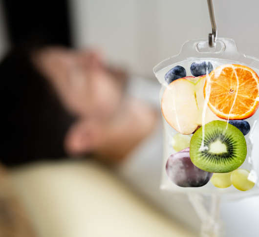 Patient receiving nutrient IV with fruit visual