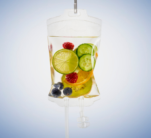 Clear IV bag with lime cucumber raspberry fruits