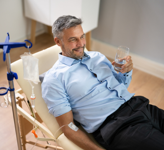 Man relaxed on recliner with IV and water glass