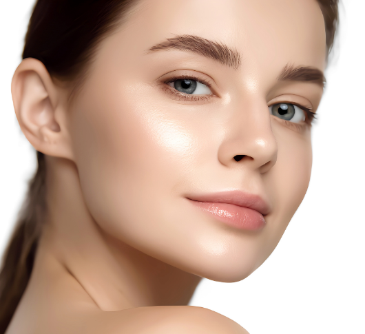 Close-up portrait of woman with flawless glowing skin, blue eyes and subtle smile