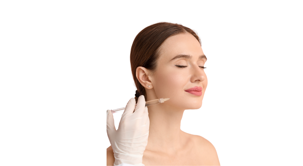 Woman receiving dermal filler injection on her jawline