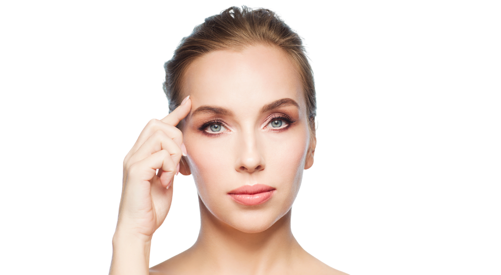 Woman pointing to forehead lines before treatment